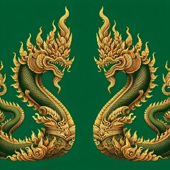 Obraz premium Serpentine Guardian Beasts Adorned in Gold and Emerald Scales - A Symbol of Power and Protection