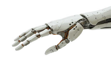 Sleek futuristic robot arm with intricate metal components captured close up isolated on transparent background suitable for artificial intelligence and industrial design