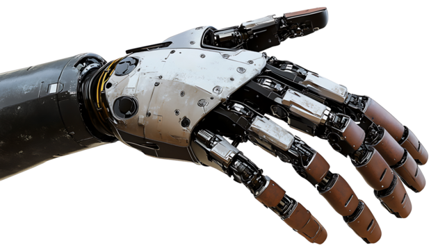 Detailed close-up image of a high-tech metallic robot arm isolated on transparent background perfect for use in technology, robotics, and futuristic concept art