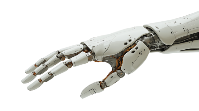 Sleek futuristic robot arm with intricate metal components captured close up isolated on transparent background suitable for artificial intelligence and industrial design