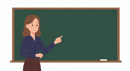Illustration of a female teacher pointing at a blank whiteboard, ready to teach or explain something. Suitable for educational, classroom, school, or presentation concepts.