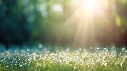 Fototapeta premium This fresh meadow, with a blurred forest as its background, has spaces that can be used for text or design, making it perfect for themes of spring, nature, or lifestyle.