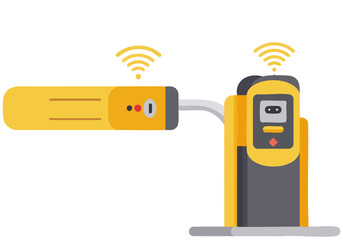 Modern parking gate illustration with wireless signals. Clean, flat design with bright yellow and gray tones. Ideal for tech, transportation, and urban concepts.