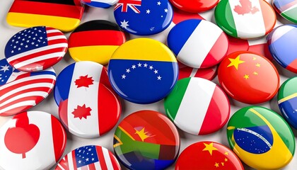 Scattered flag buttons representing global diversity.