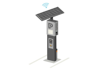 Modern parking kiosk with solar panels and digital display. Clean, minimalist design. Ideal for urban infrastructure and smart city concepts.