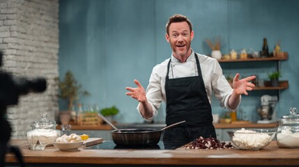 Male chef in a kitchen demonstrating cooking ingredients and camera visible