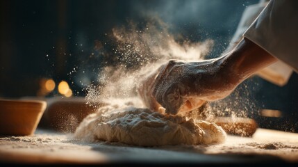 Baker's hands kneading dough flour dust in air Close up shot of bread making process