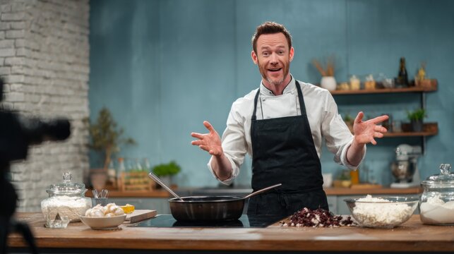 Male chef in a kitchen demonstrating cooking ingredients and camera visible