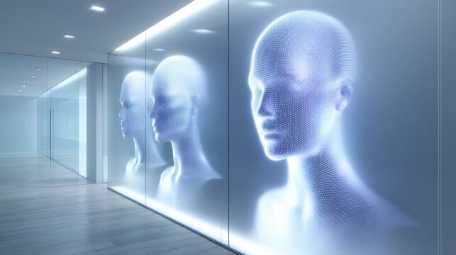 Ethical AI NPC Concept Wall: Faceless Profiles in Frosted Glass Panels with Neutral Trait Tags and Corporate Lighting