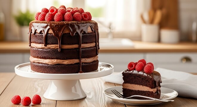 Delicious Chocolate Raspberry Cake on White Cake Stand.
