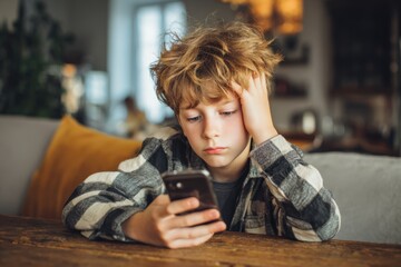 Boy sitting at table frustrated with smartphone