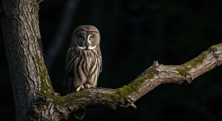 Great gray owl perched on a mosscovered tree branch against a dark background