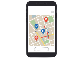 Smartphone displays a map showing parking locations. A clean, modern UI highlights Smart Park features with pinpoint markers. Ideal for tech, urban, and parking apps.