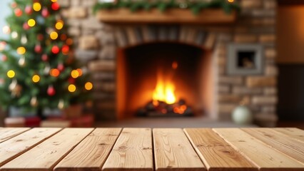 A wooden table top with a fireplace in the background.
