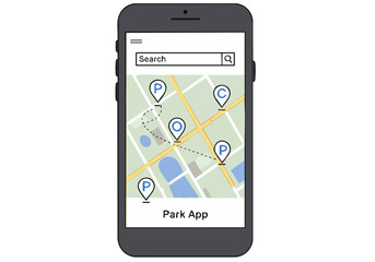 Smartphone displays a park app map with parking locations. Clean, modern UI. Ideal for mobile app design and technology visuals.