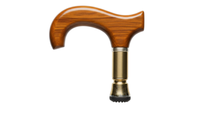 Wooden cane handle with metal accents isolated on transparent background