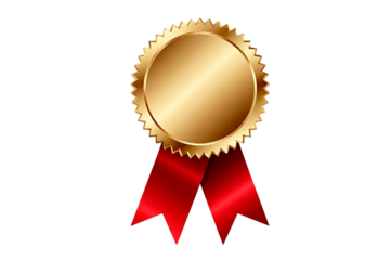 gold medal with red ribbon