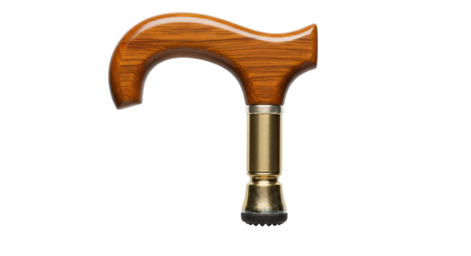 Wooden cane handle with metal accents isolated on transparent background