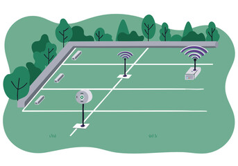 Fototapeta premium vibrant smart sensor grid monitors a green outdoor area with wireless sensors This modern illustration showcases environmental monitoring technology