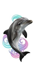 Fototapeta premium Playful Dolphin's Dive: A captivating illustration presents a vibrant dolphin leaping gracefully, its form accentuated by dynamic, colorful water swirls, evoking joy and marine life.