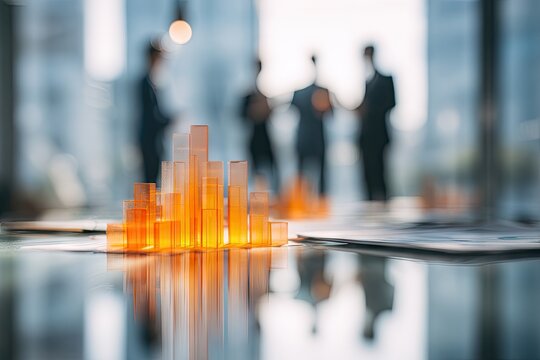 Business growth chart with blurred team meeting in modern office background.