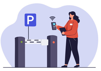 A woman uses an RFID reader to access parking. Modern illustration, clean design, focused on convenience and technology. Suitable for parking management and digital solutions.