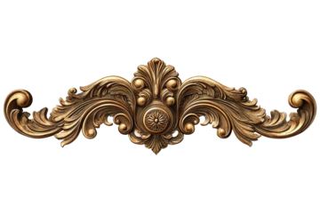 Antique gold scroll banner with ornate filigree embossing and elegant flowing tails, isolated on transparent background.
