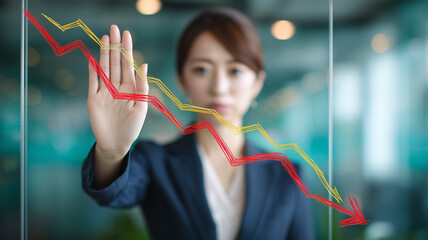 女性が下落グラフを指すビジネス場面