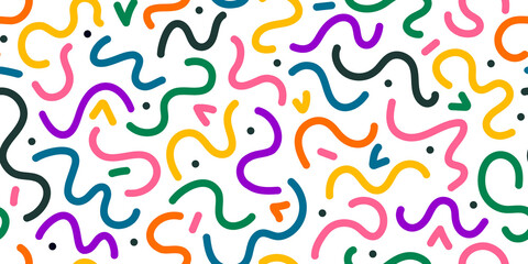 Seamless Kids' pattern featuring bright, multicolored wavy lines and squiggles. Colorful, creative, minimalist, artistic, fashionable design. Print for summer clothing, wallpaper, kids' stationery.