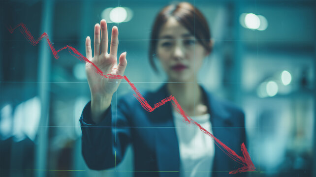 女性が下落グラフを指すビジネス場面