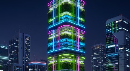 Neon Cityscape: Vertical Green Building at Night