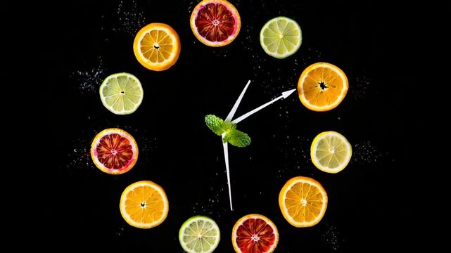 Clock Made of Colorful Citrus Fruit Slices on a Black Background