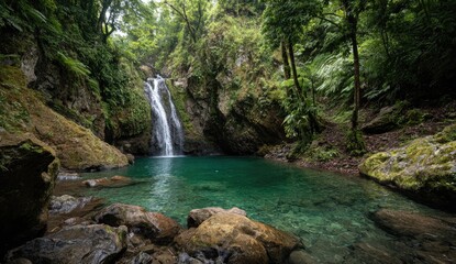 Lush waterfall cascading into turquoise pool