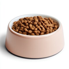 A light pink ceramic pet bowl filled with dry brown kibble dog food on a white background