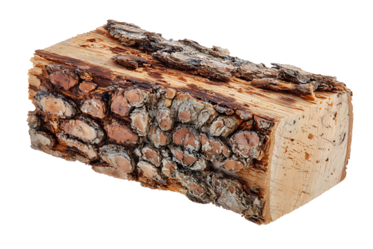 Pine wood log cut with natural bark and smooth cross-section showing resin details, rustic diagonal placement, isolated on transparent background.
