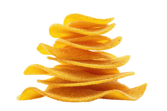 Wavy stack of potato crisps in bright saffron tone, lightly salted with tiny bubbles, arranged in a spiral, isolated on transparent background.
