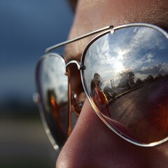 Close up of a person wearing aviator sunglasses reflecting a vibrant sunset sky with clouds and distant landscape