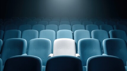 Fototapeta premium Empty Theater Seats with a Spotlight on One Unique White Chair, Representing Opportunity