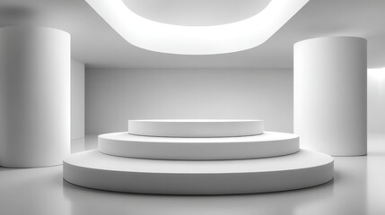 Fototapeta premium Minimalist White Podium for Product Display in a Bright, Modern Architectural Space with Cylindrical Columns
