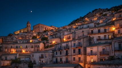 Obraz premium 初冬の丘の村に灯る静かな家々の夜景の風景