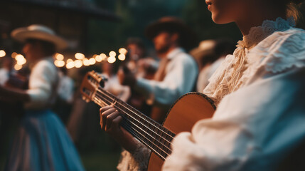Gaucho Day Folk Music Celebration with Traditional Guitars, Dance, and Rural Argentine Cowboy Festival under Decorative Lights