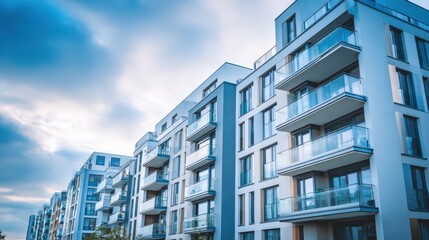 Fototapeta premium Modern Apartment Building Exterior with Balconies Under Cloudy Sky, Representing Urban Living and Real Estate