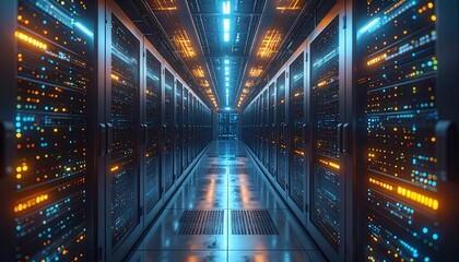 A futuristic server room, illuminated by vibrant neon lights, showcases rows of advanced technology.