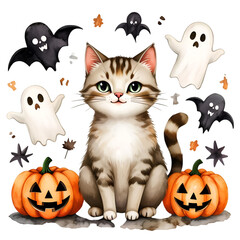 Cute cat sitting between Halloween pumpkins and spooky ghosts  