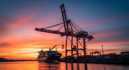 Obraz premium Container Ship at Sunset with Crane.