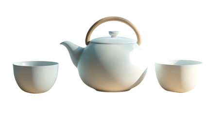 Simple and modern tea set design in neutral tones isolated on a transparent background for aesthetic-focused digital use