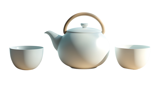 Simple and modern tea set design in neutral tones isolated on a transparent background for aesthetic-focused digital use