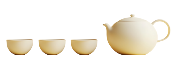 Modern minimalist tea set with smooth shapes and neutral colors isolated on a transparent background for clean design concepts