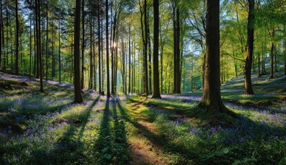 Fototapeta premium Sunlight streams through ancient forest, carpet of bluebells