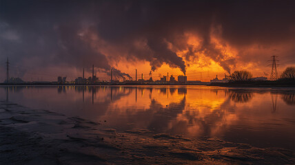 雨上がりの工場地帯と川面に広がる反射模様